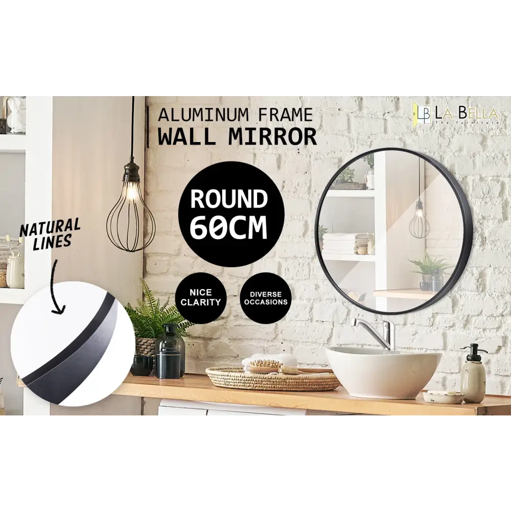 Wall Mirror Round Aluminum Frame Bathroom 60cm BLACK - Home & Garden > Decor > Mirrors