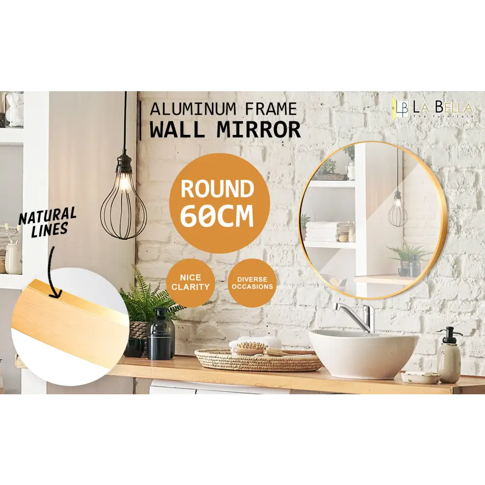 Wall Mirror Round Aluminum Frame Bathroom 60cm GOLD - Home & Garden > Decor > Mirrors