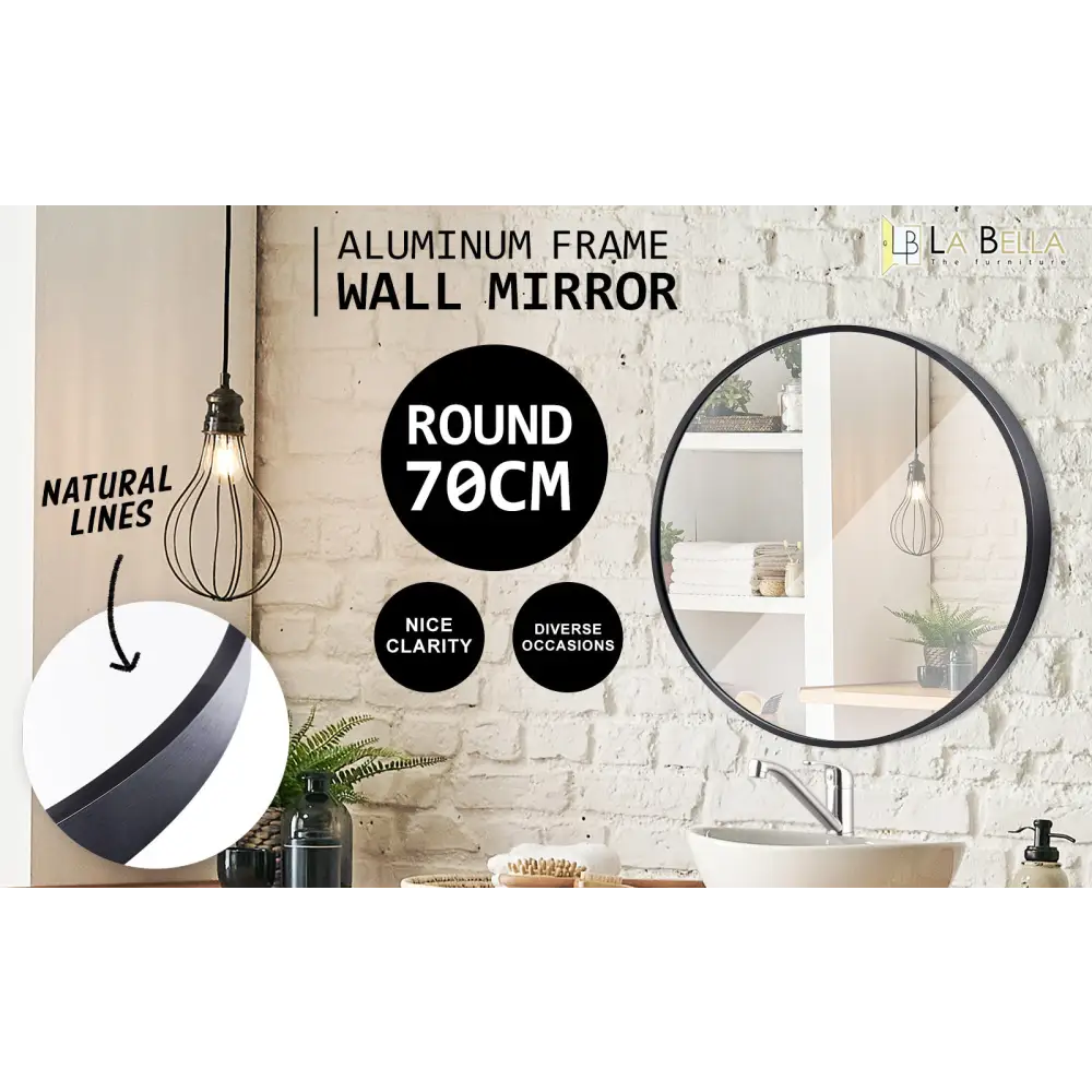 Wall Mirror Round Aluminum Frame Bathroom 70cm BLACK - Home & Garden > Decor > Mirrors