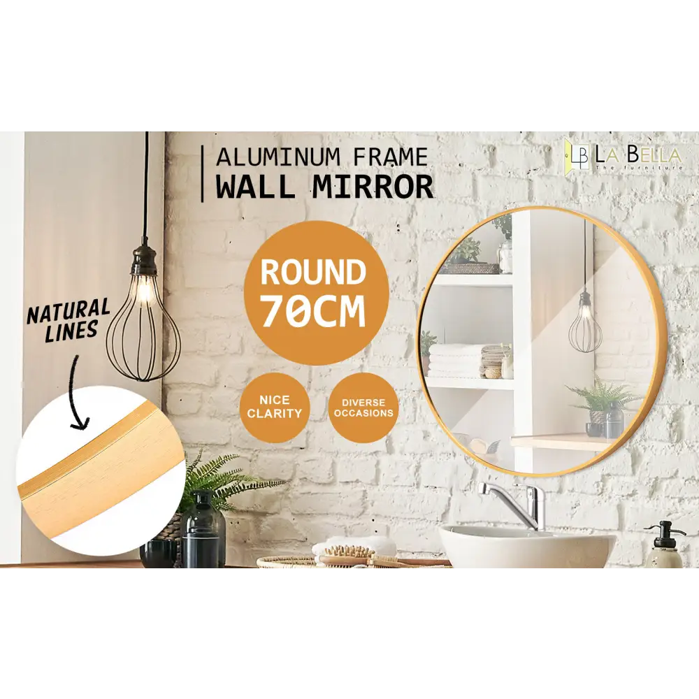 Wall Mirror Round Aluminum Frame Bathroom 70cm GOLD - Home & Garden > Decor > Mirrors