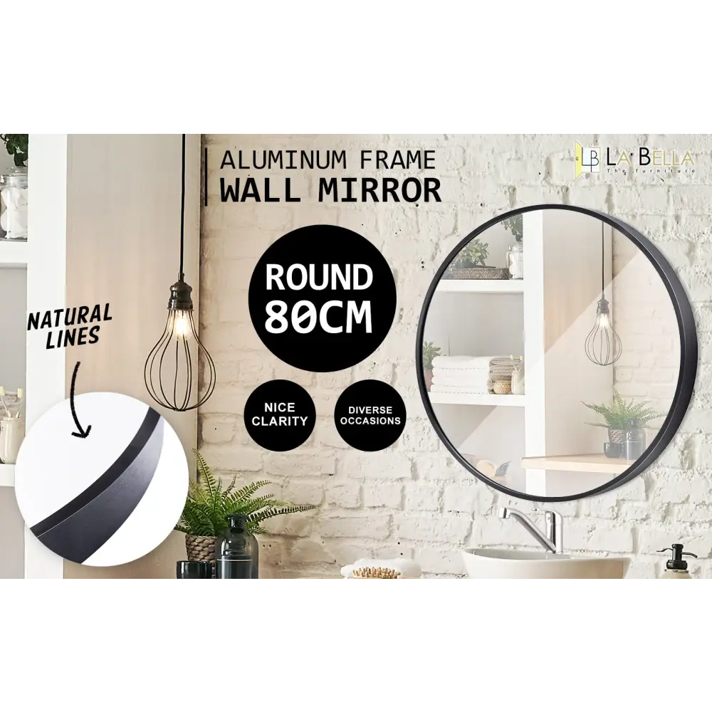Wall Mirror Round Aluminum Frame Bathroom 80cm BLACK - Home & Garden > Decor > Mirrors