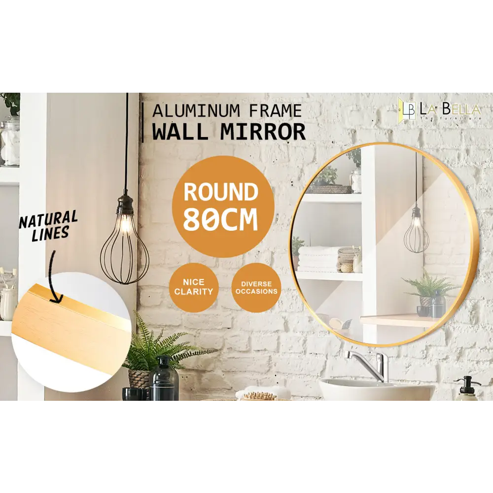 Wall Mirror Round Aluminum Frame Bathroom 80cm GOLD - Home & Garden > Decor > Mirrors
