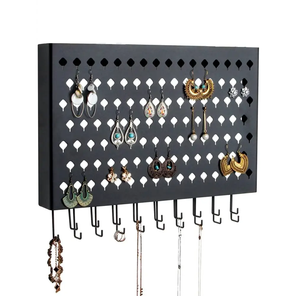 Wall Mount Earring Jewelry Hanger Organizer Holder with 109 Holes and 19 Hooks (Black) - Home & Garden > Storage