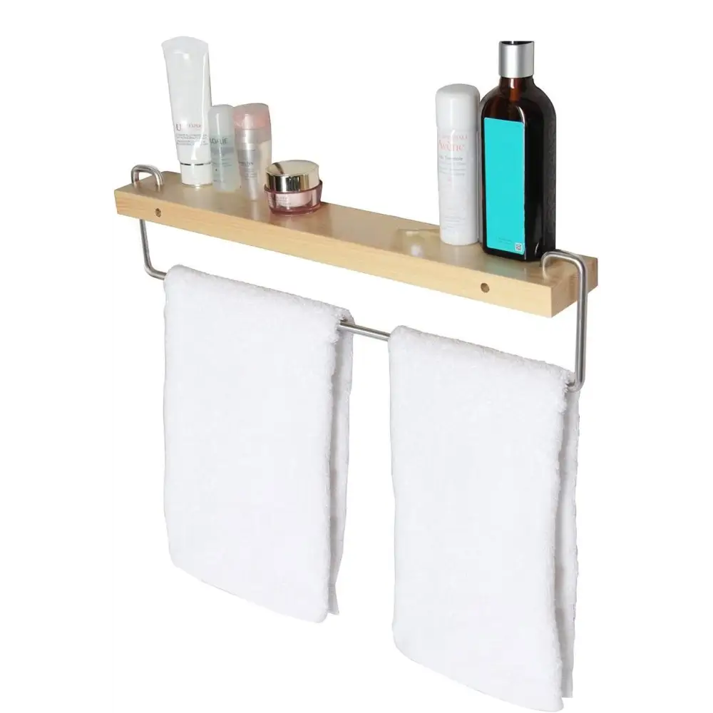 Wall Mount Solid Wood Shelf with Towel Rack Bar Holder Bathroom Organizer Hanger - Home & Garden > Bathroom Accessories