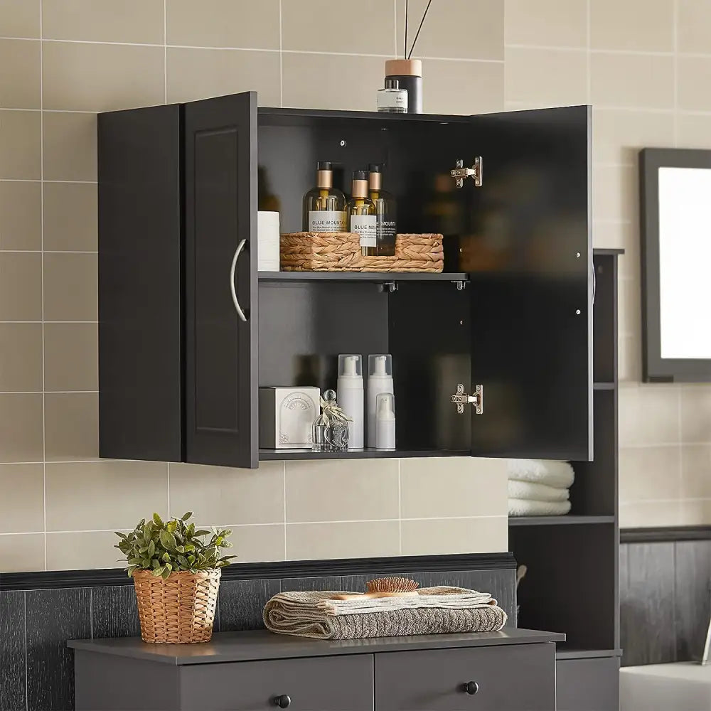 Wall Storage Cabinet Double Doors Black - Home & Garden > Storage