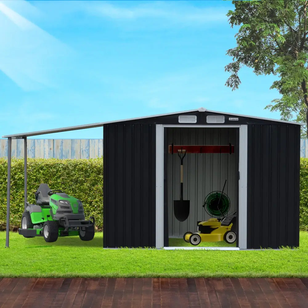 Wallaroo 10x8ft Zinc Steel Garden Shed with Open Storage - Black - Home & Garden > Storage