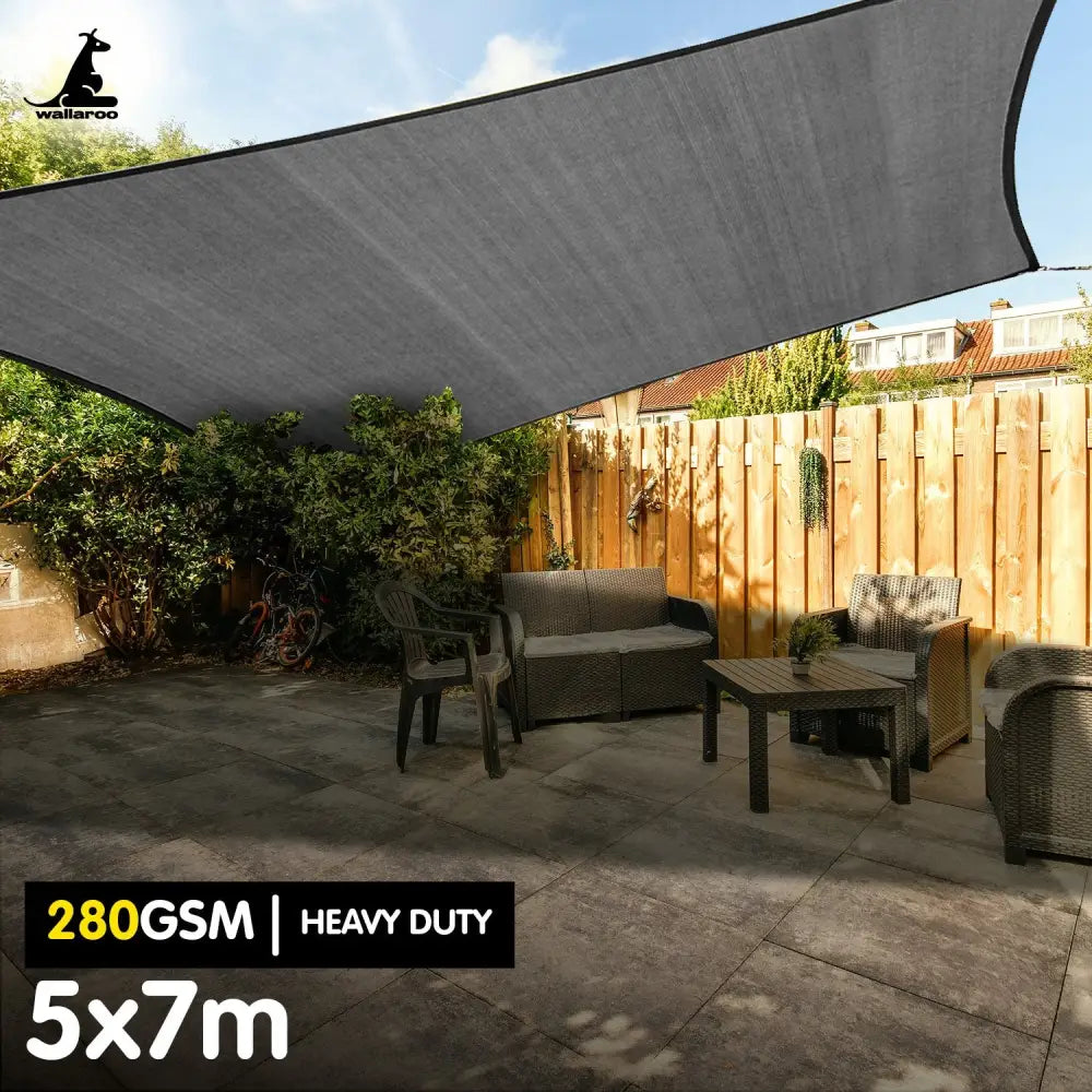 Wallaroo 280gsm Outdoor Sun Shade Sail Canopy Grey - 5m X 7m - Home & Garden > Shading > Canopies & Gazebos