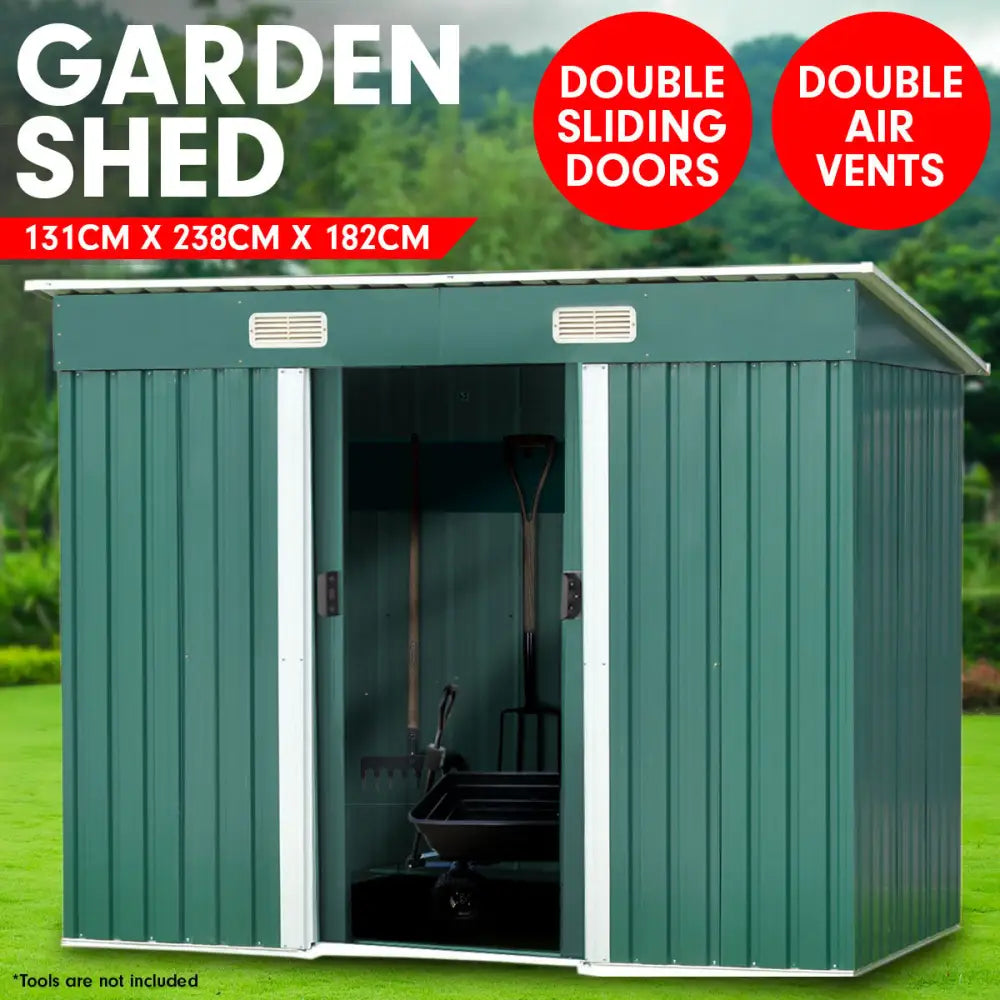Wallaroo 4ft x 8ft Garden Shed Flat Roof Outdoor Storage - Green - Home & Garden > Storage