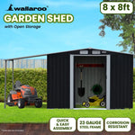 Wallaroo 8x8ft Zinc Steel Garden Shed with Open Storage - Black - Home & Garden > Storage