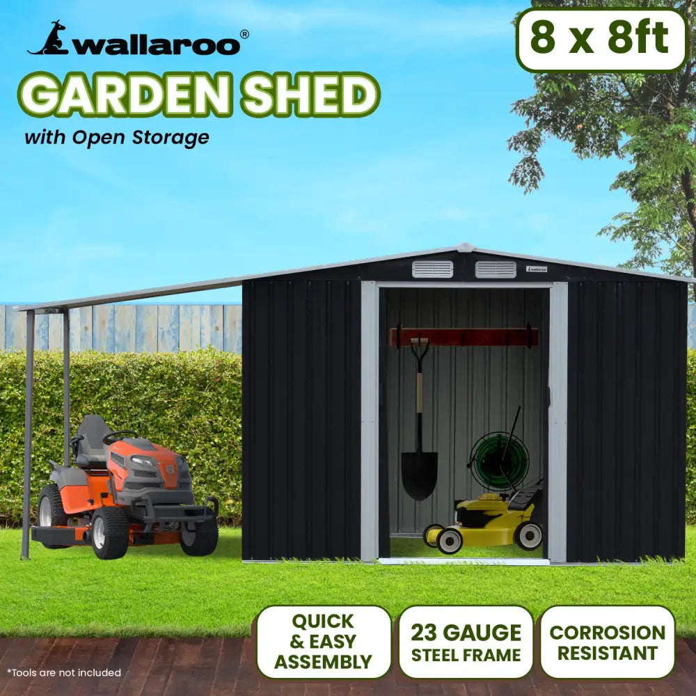 Wallaroo 8x8ft Zinc Steel Garden Shed with Open Storage - Black - Home & Garden > Storage