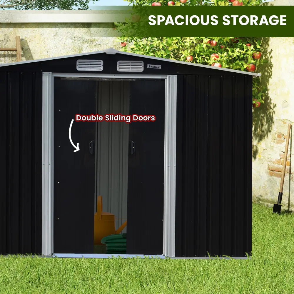 Wallaroo 8x8ft Zinc Steel Garden Shed with Open Storage - Black - Home & Garden > Storage