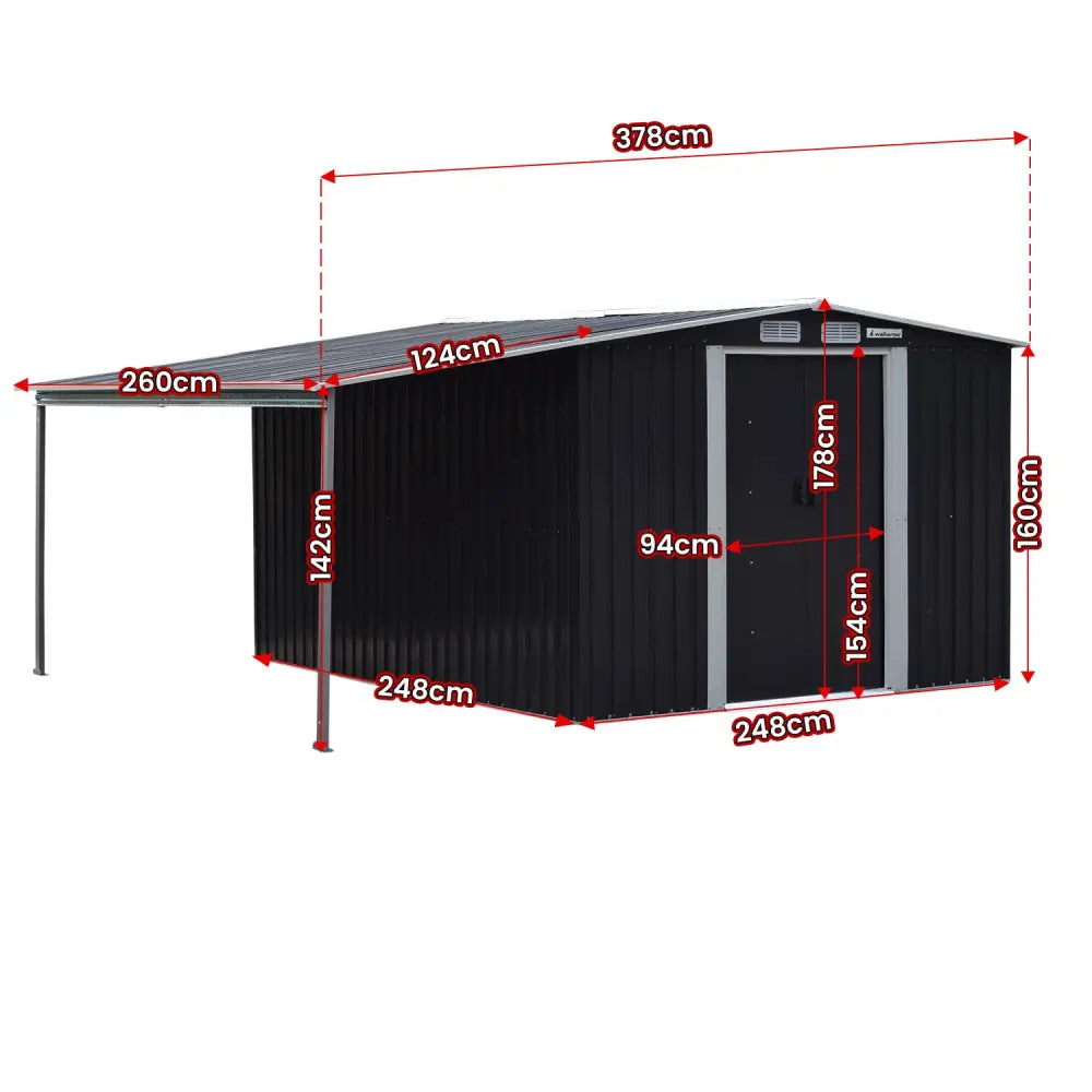 Wallaroo 8x8ft Zinc Steel Garden Shed with Open Storage - Black - Home & Garden > Storage