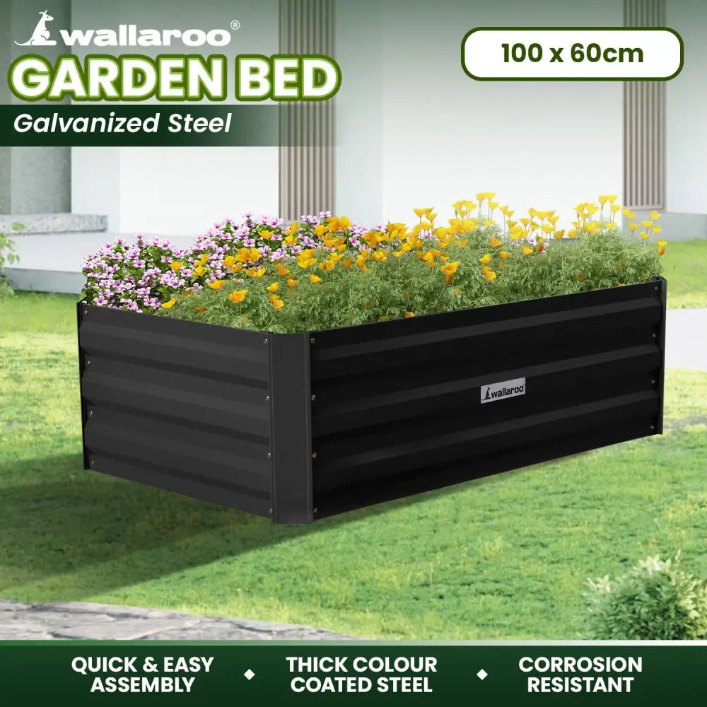 Wallaroo Garden Bed 100 x 60 x 30cm Galvanized Steel - Black - Home & Garden > Garden Beds
