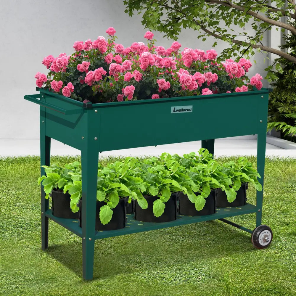 Wallaroo Garden Bed Cart Raised Planter Box 108.5 x 50.5 x 80cm Galvanized Steel - Green - Home & Garden > Garden Beds