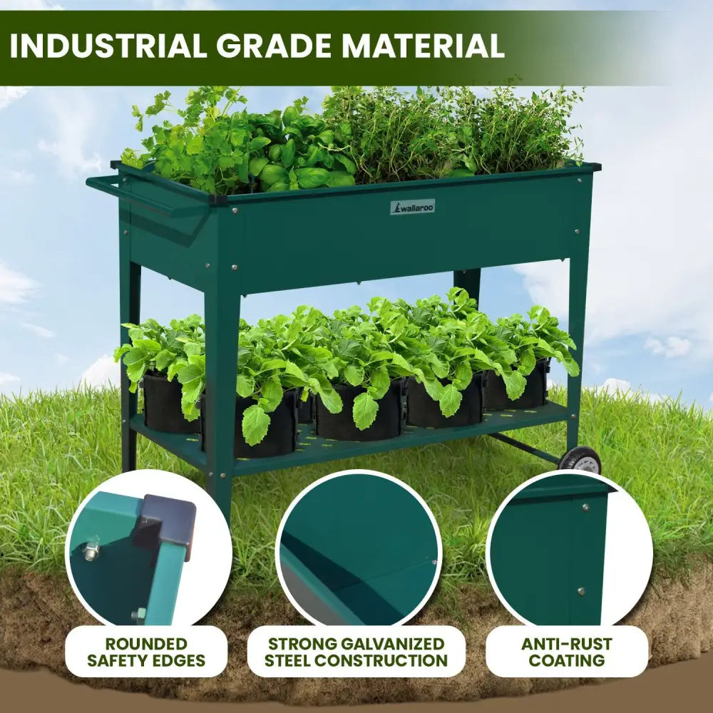 Wallaroo Garden Bed Cart Raised Planter Box 108.5 x 50.5 x 80cm Galvanized Steel - Green - Home & Garden > Garden Beds