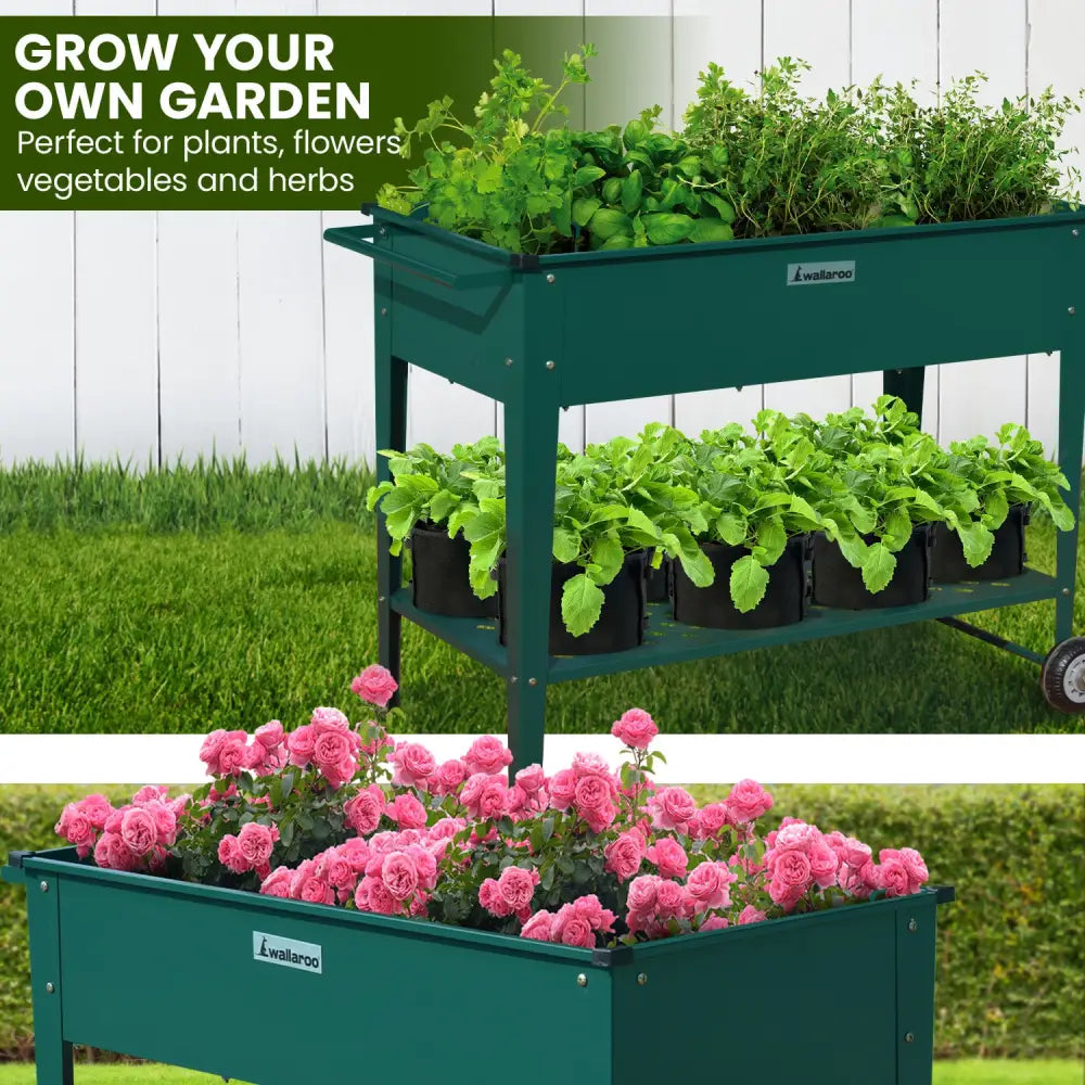 Wallaroo Garden Bed Cart Raised Planter Box 108.5 x 50.5 x 80cm Galvanized Steel - Green - Home & Garden > Garden Beds