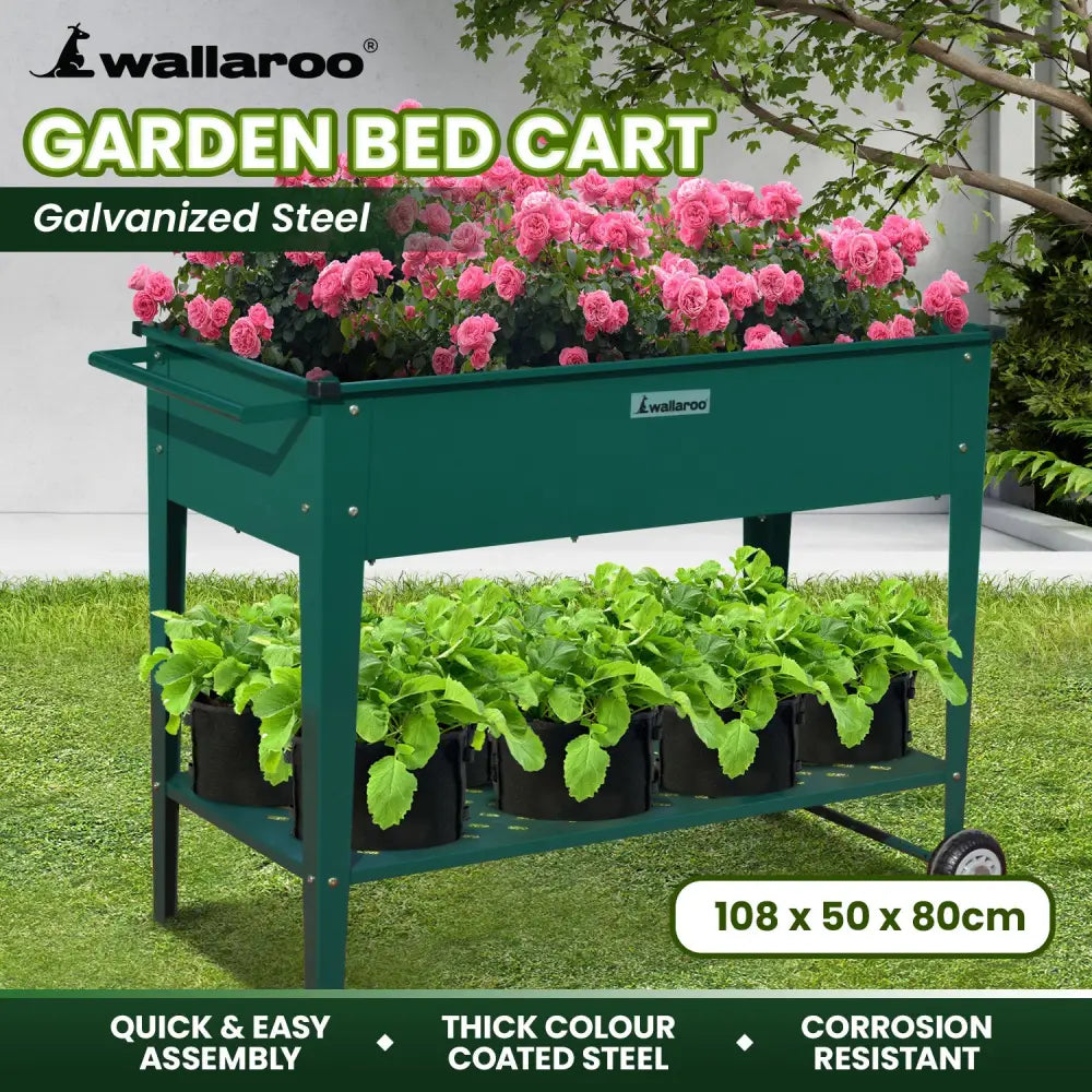 Wallaroo Garden Bed Cart Raised Planter Box 108.5 x 50.5 x 80cm Galvanized Steel - Green - Home & Garden > Garden Beds