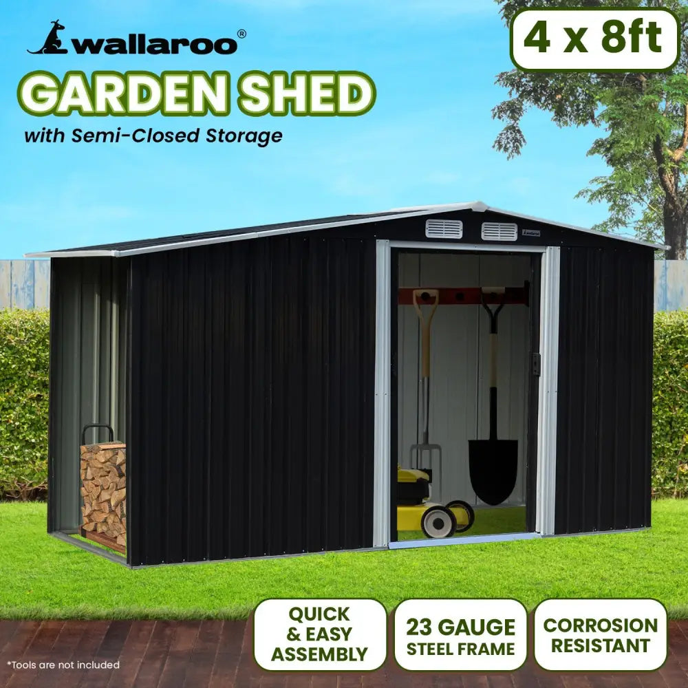 Wallaroo Garden Shed with Semi-Close Storage 4*8FT - Black - Home & Garden > Storage