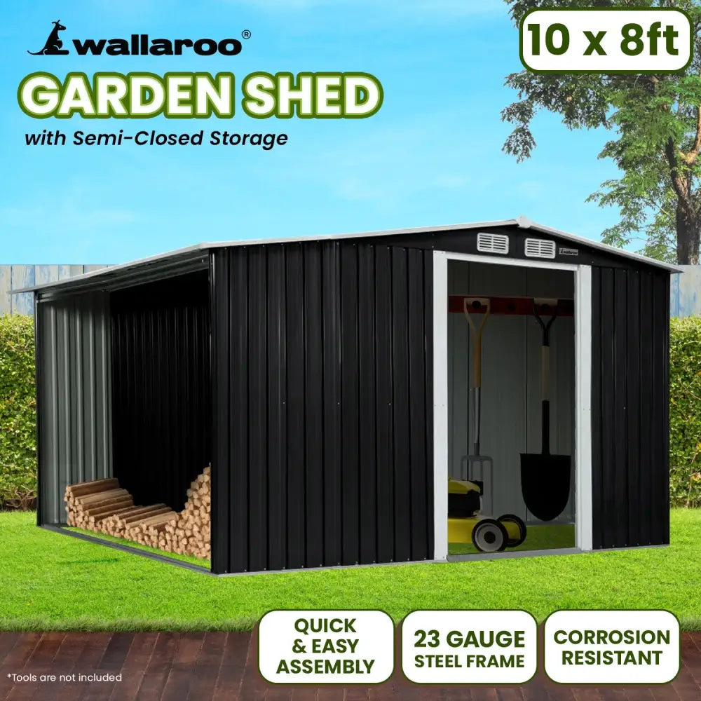 Wallaroo Garden Shed with Semi-Closed Storage 10*8FT - Black - Home & Garden > Storage