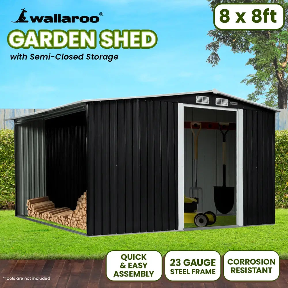 Wallaroo Garden Shed with Semi-Closed Storage 8*8FT - Black - Home & Garden > Storage