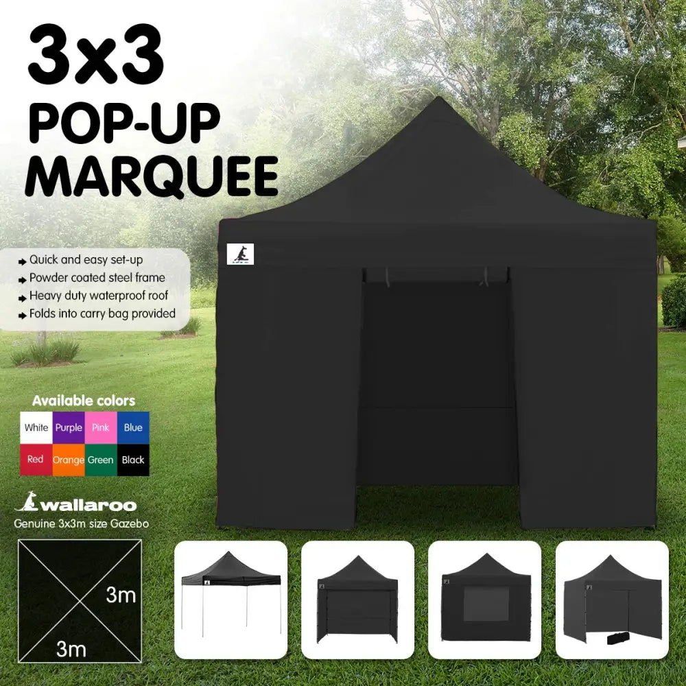 Wallaroo Gazebo Tent Marquee 3x3 PopUp Outdoor Black - Home & Garden > Shading