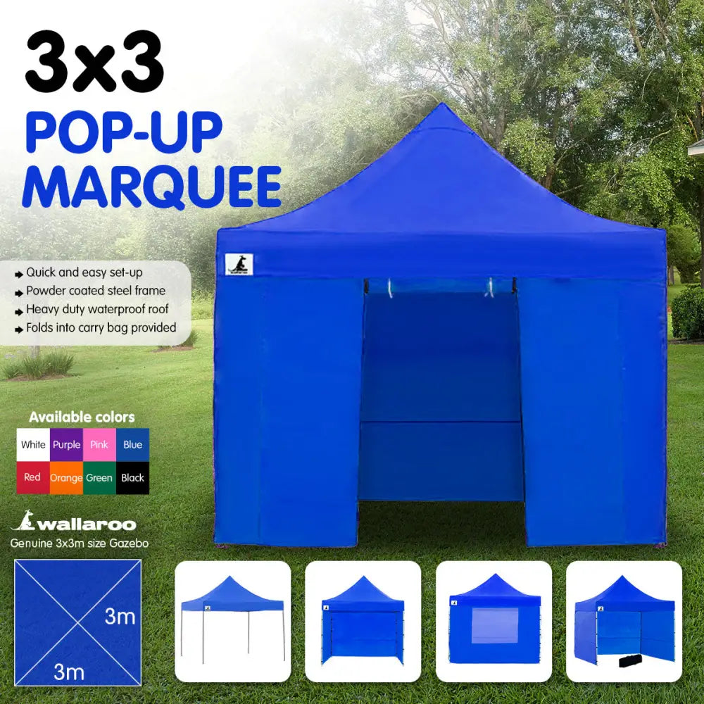 Wallaroo Gazebo Tent Marquee 3x3 PopUp Outdoor- Blue - Home & Garden > Shading
