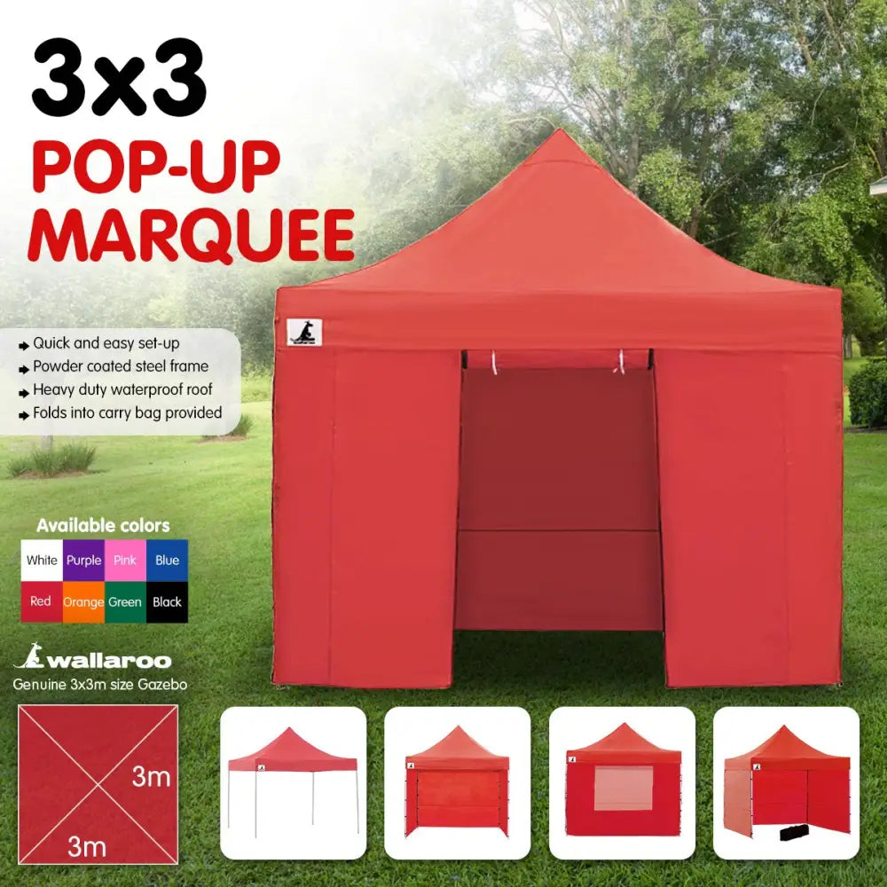 Wallaroo Gazebo Tent Marquee 3x3 PopUp Outdoor Red - Home & Garden > Shading