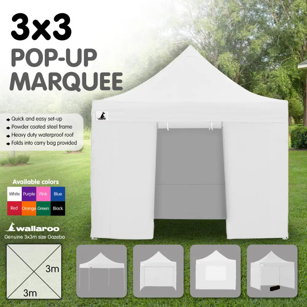 Wallaroo Gazebo Tent Marquee 3x3 PopUp Outdoor Wallaroo White - Home & Garden > Shading
