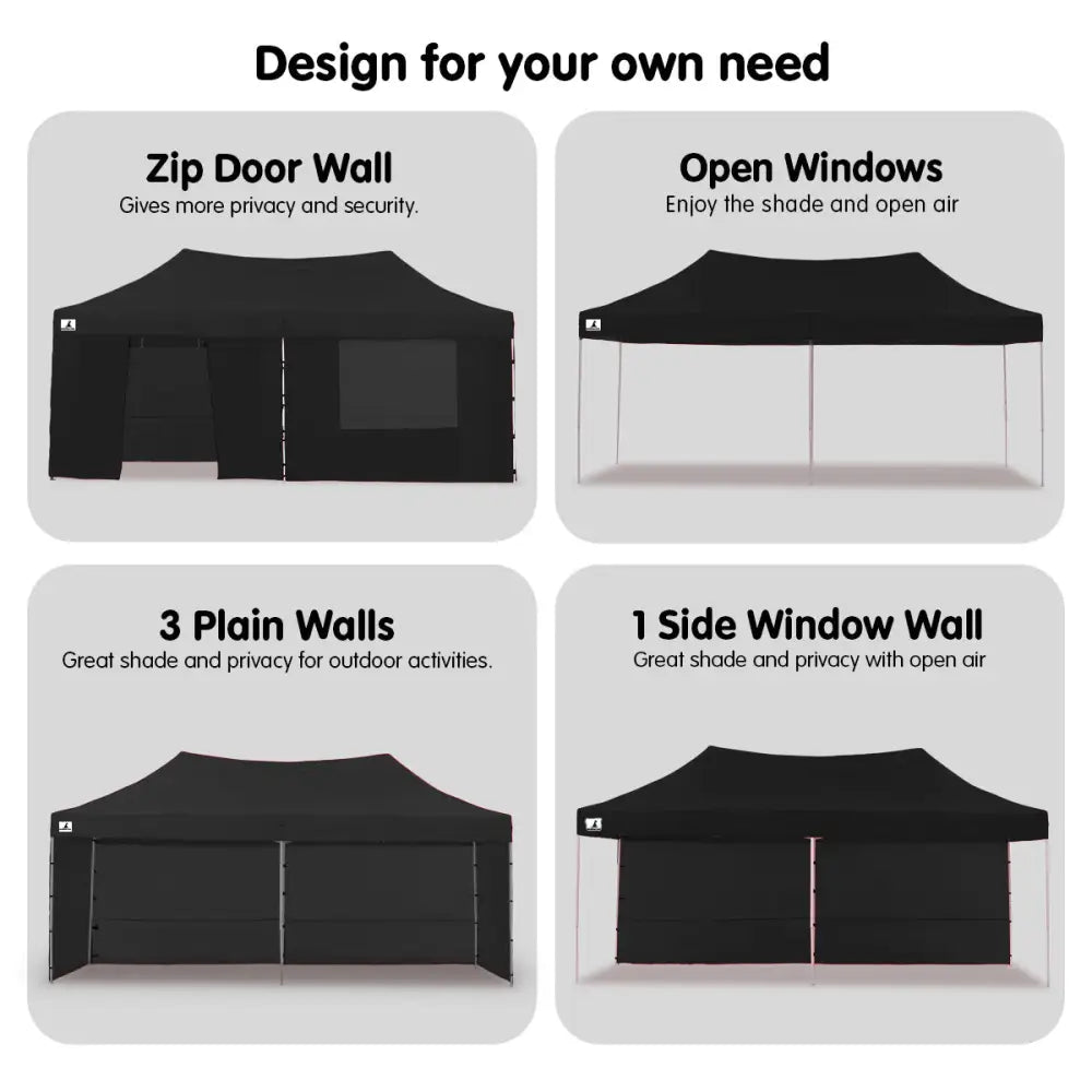 Wallaroo Gazebo Tent Marquee 3x6m PopUp Outdoor Wallaroo Black - Home & Garden > Shading