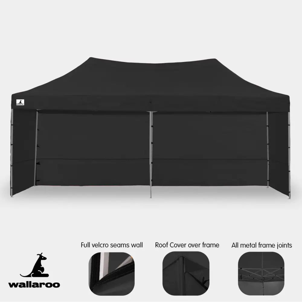 Wallaroo Gazebo Tent Marquee 3x6m PopUp Outdoor Wallaroo Black - Home & Garden > Shading