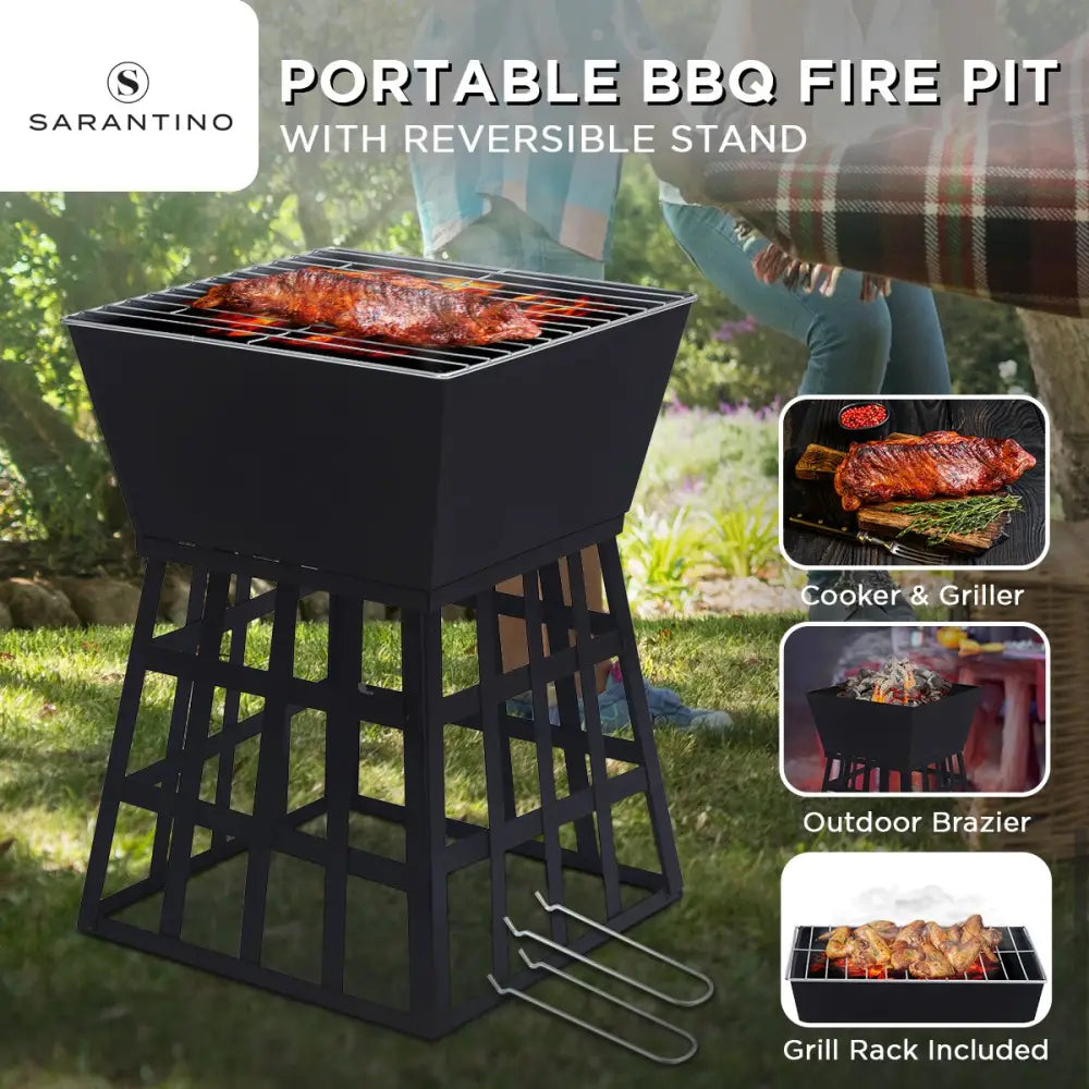 Wallaroo Outdoor Fire Pit for BBQ Grilling Cooking Camping- Portable Brazier with Reversible Stand for Backyard - Home