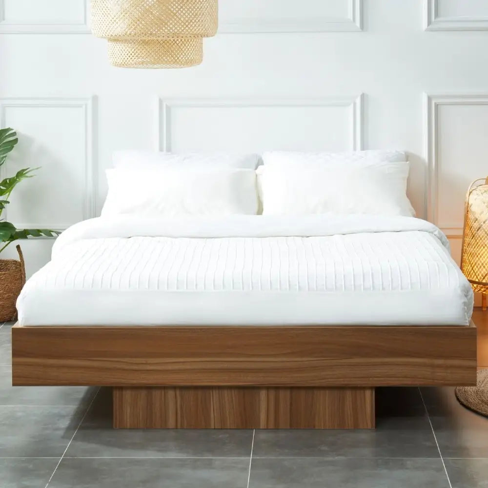 Walnut Oak Wood Floating Bed Base King - Furniture > Bedroom > Beds & Bed Frames