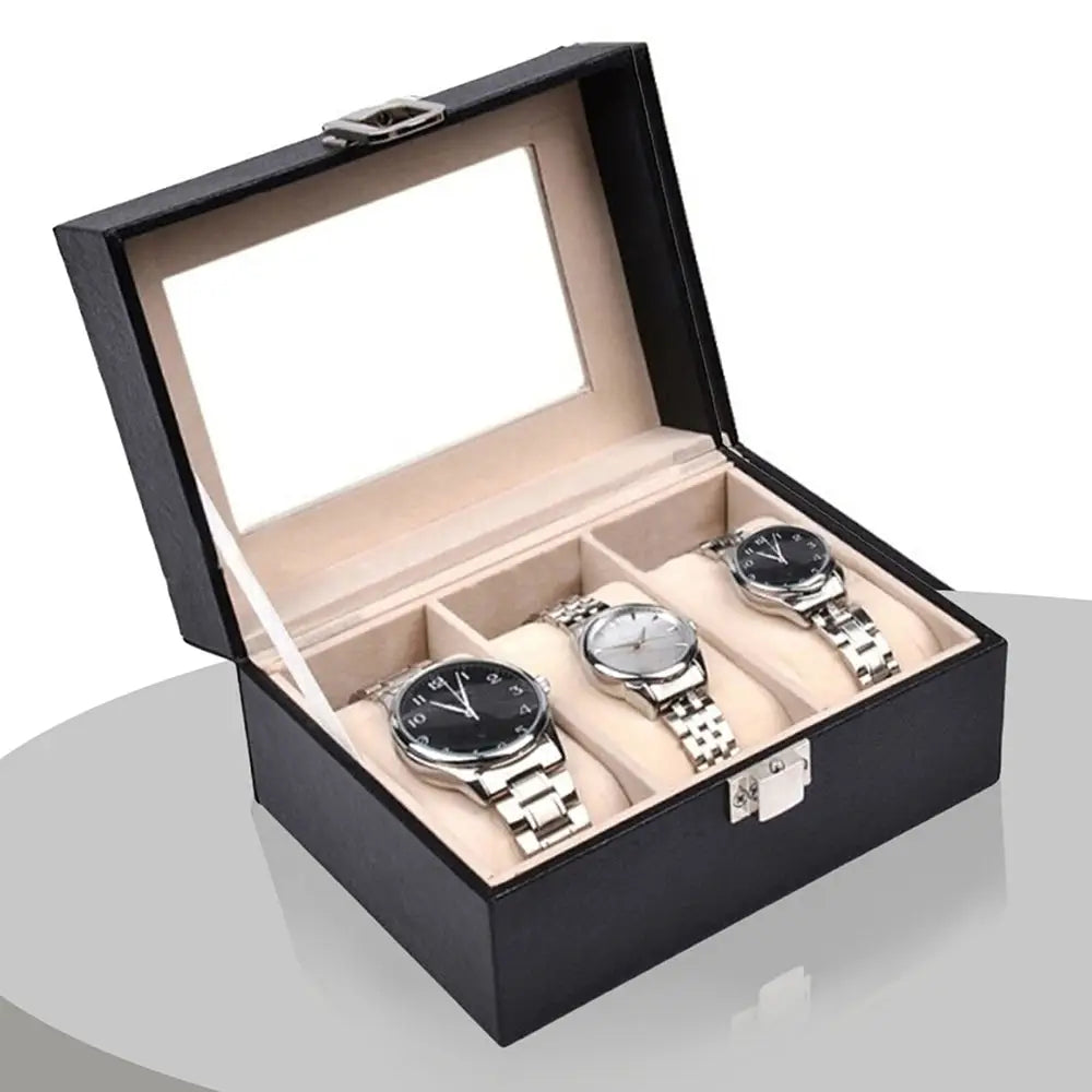 Watch Box Organizer Case Jewelry Display Tray Glass Top PU Leather(2 Slot) - Home & Garden > Storage