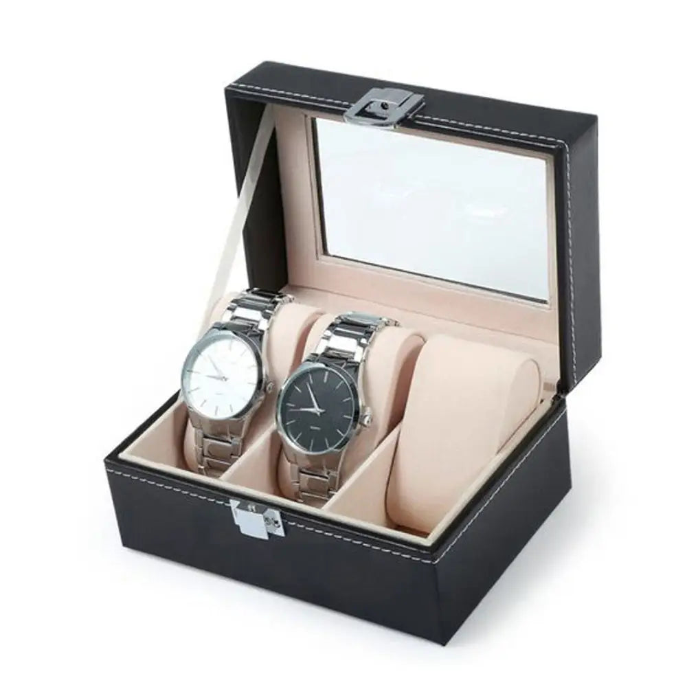 Watch Box Organizer Case Jewelry Display Tray Glass Top PU Leather(2 Slot) - Home & Garden > Storage