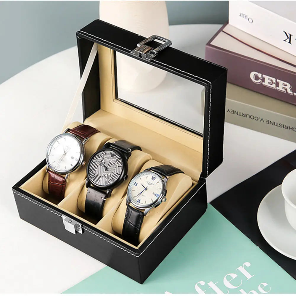 Watch Box Organizer Case Jewelry Display Tray Glass Top PU Leather(2 Slot) - Home & Garden > Storage