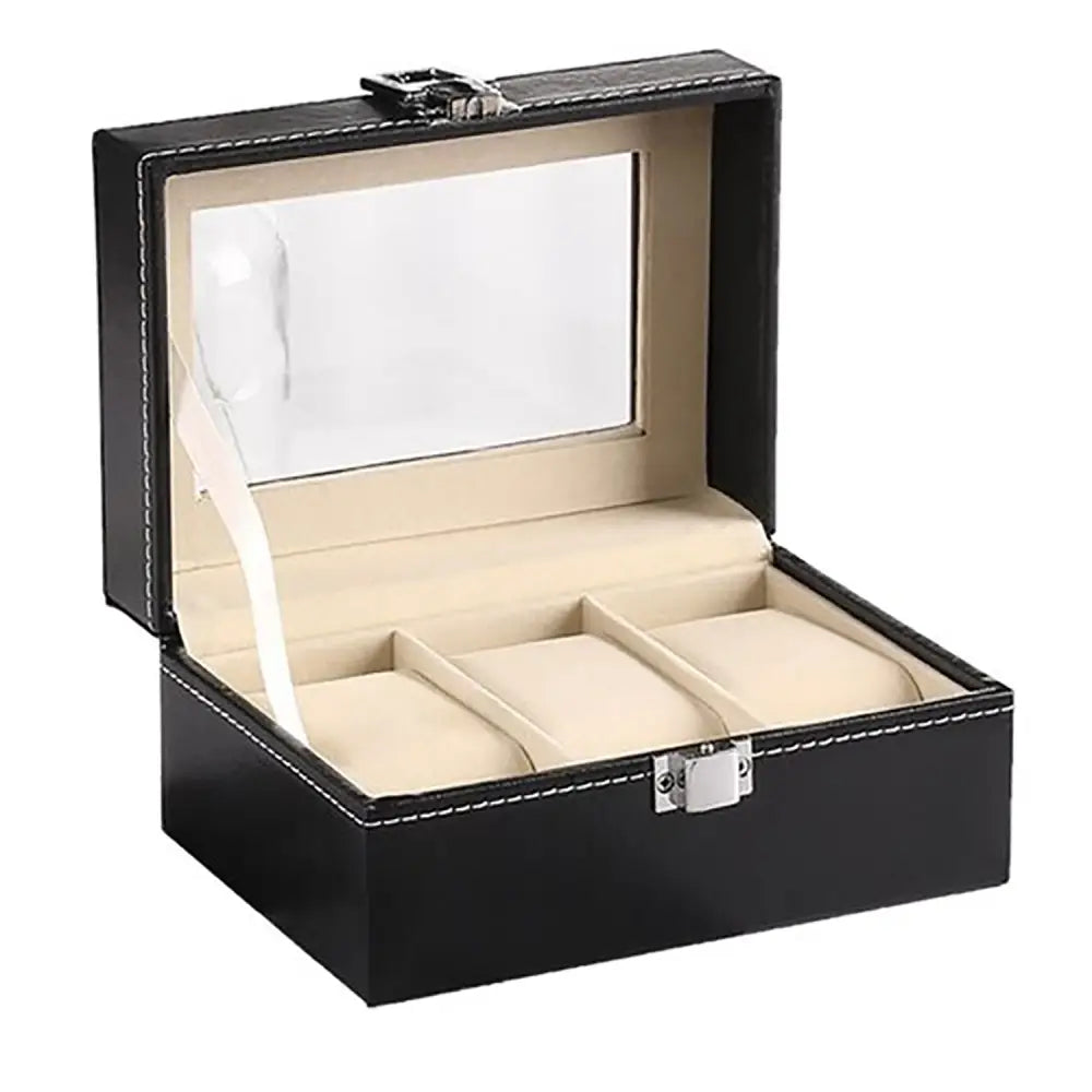Watch Box Organizer Case Jewelry Display Tray Glass Top PU Leather(3 Slot) - Home & Garden > Storage