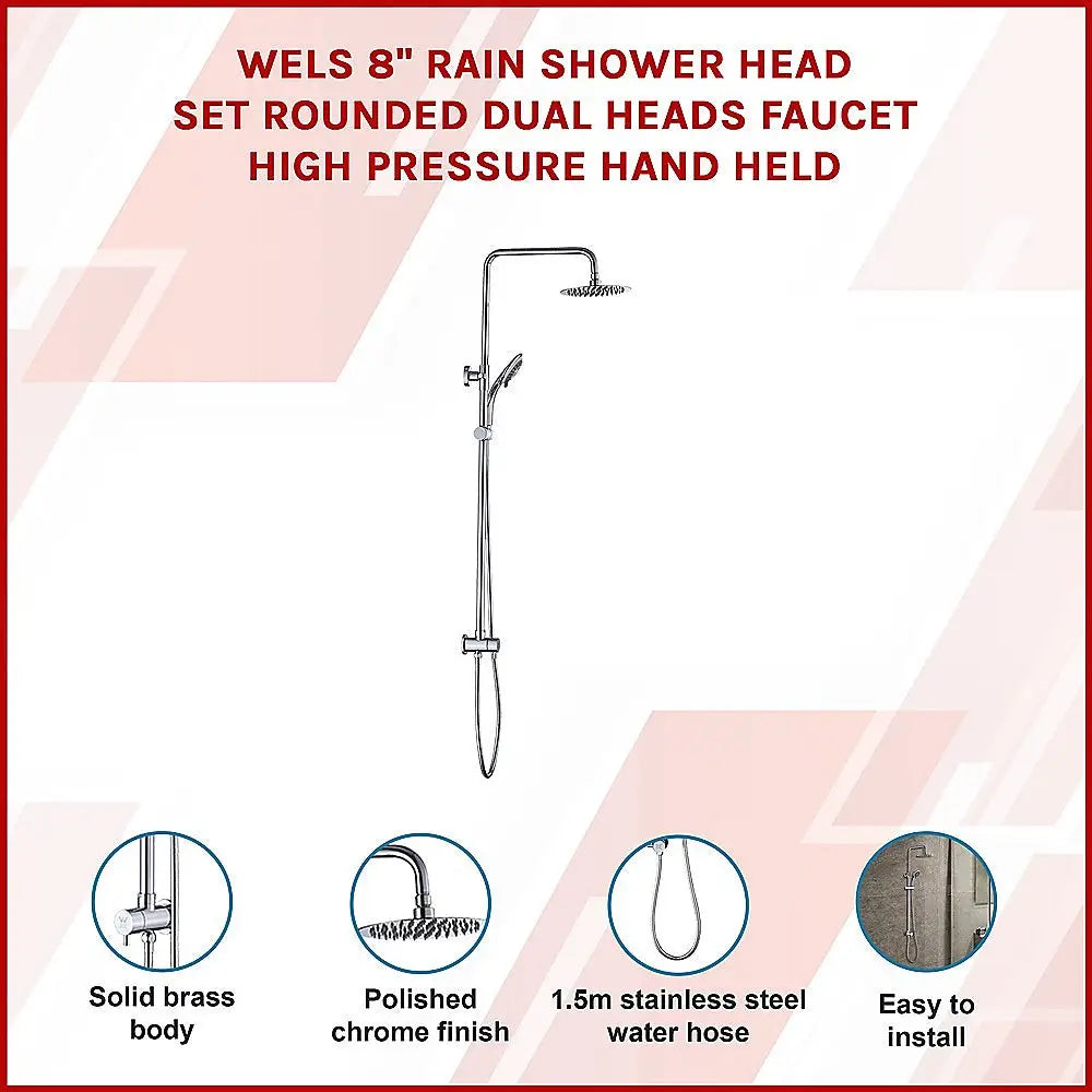 WELS 8’’ Rain Shower Head Set Rounded Dual Heads Faucet High Pressure Hand Held - Furniture > Bathroom > Shower