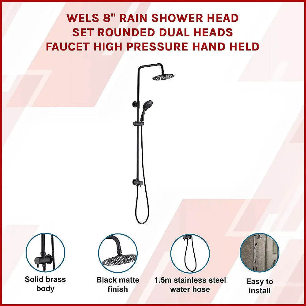WELS 8’’ Rain Shower Head Set Rounded Dual Heads Faucet High Pressure Hand Held - Furniture > Bathroom > Shower