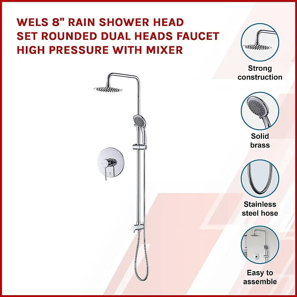 WELS 8’’ Rain Shower Head Set Rounded Dual Heads Faucet High Pressure With Mixer - Furniture > Bathroom > Shower