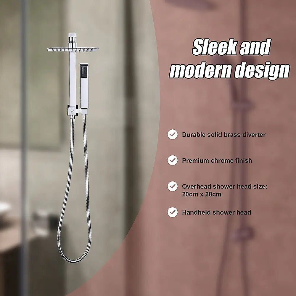 WELS 8’’ Rain Shower Head Set Square Dual Heads Faucet High Pressure Hand Held - Furniture > Bathroom > Shower