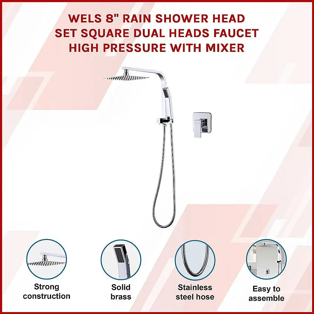 WELS 8’’ Rain Shower Head Set Square Dual Heads Faucet High Pressure With Mixer - Furniture > Bathroom