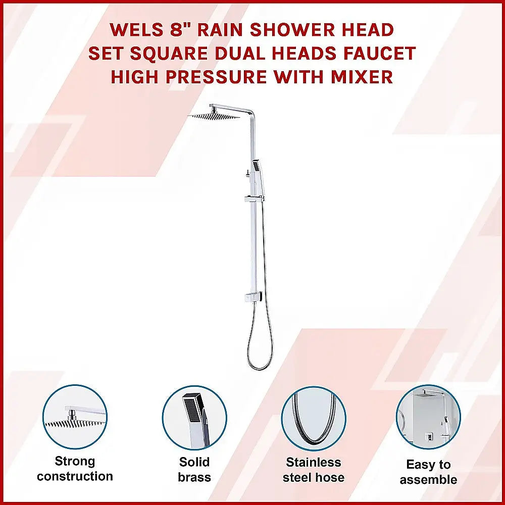 WELS 8’’ Rain Shower Head Set Square Dual Heads Faucet High Pressure With Mixer - Furniture > Bathroom > Shower