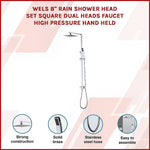 WELS 8’’ Rain Shower Head Set Square Dual Heads Faucet High Pressure Hand Held - Furniture > Bathroom
