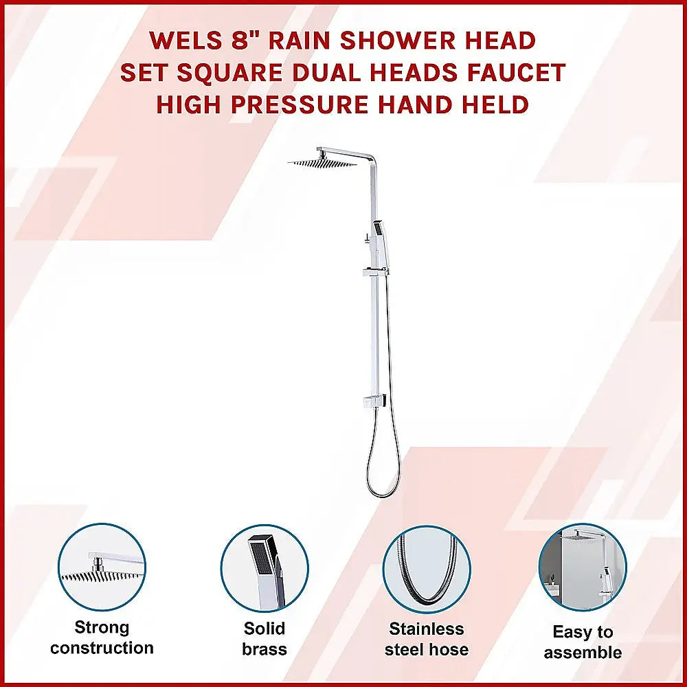 WELS 8’’ Rain Shower Head Set Square Dual Heads Faucet High Pressure Hand Held - Furniture > Bathroom