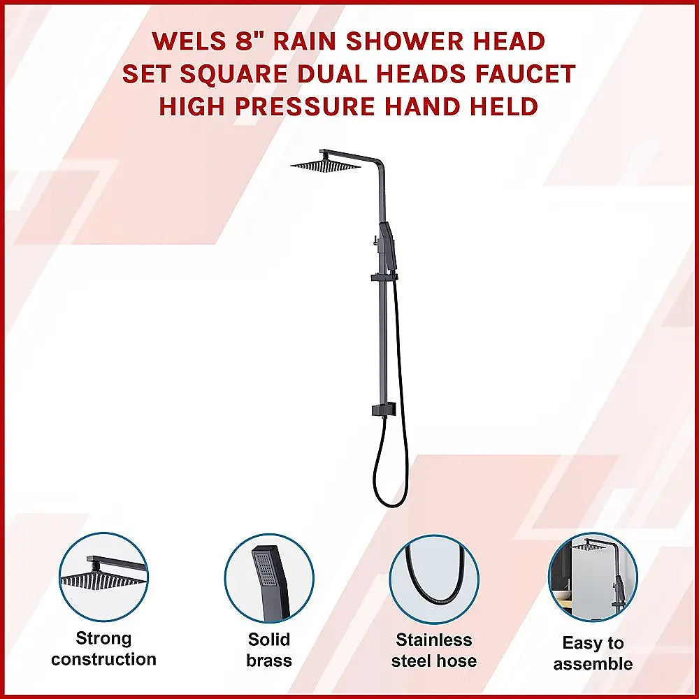 WELS 8’’ Rain Shower Head Set Square Dual Heads Faucet High Pressure Hand Held - Furniture > Bathroom > Shower