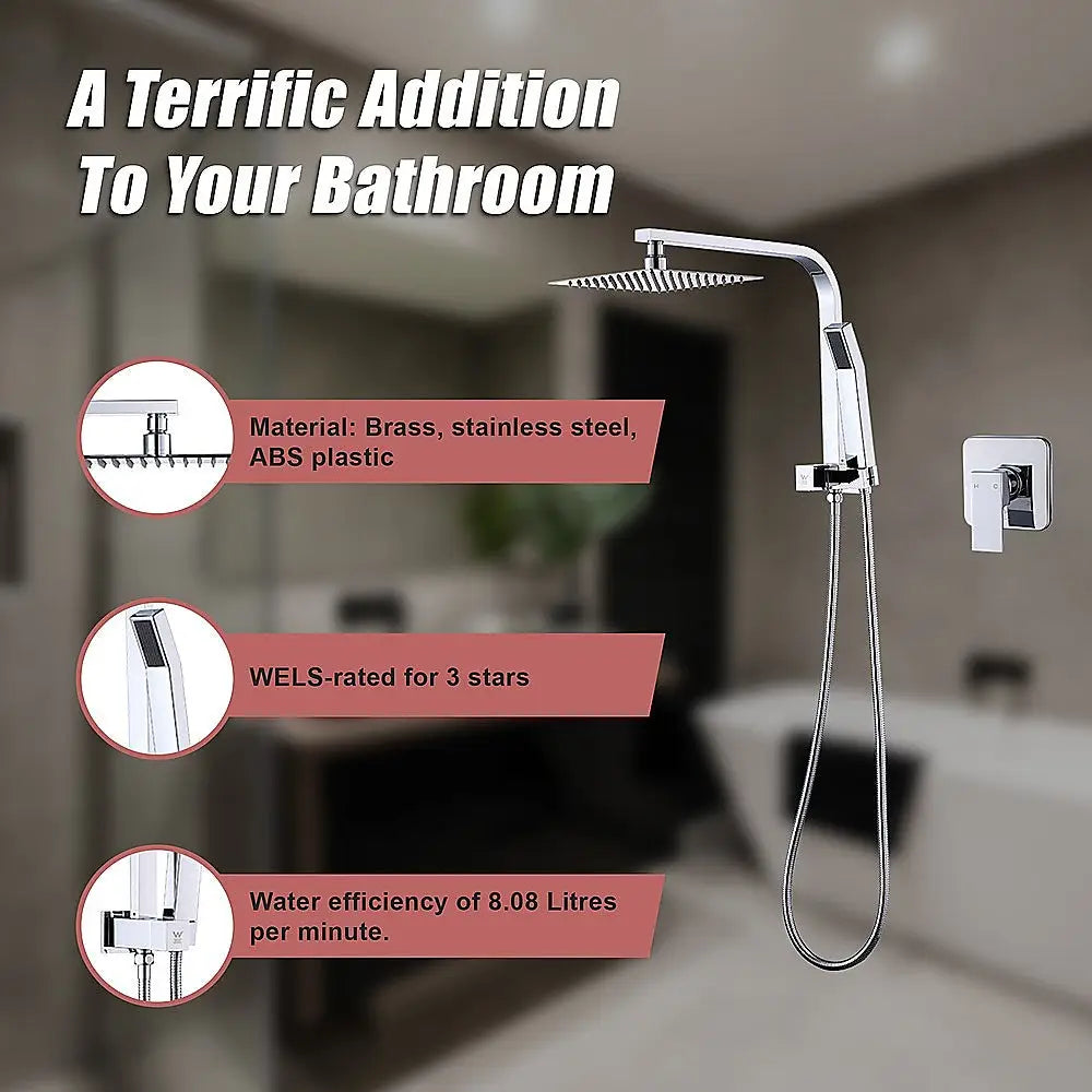 WELS 8’’ Rain Shower Head Set Square Dual Heads Faucet High Pressure With Mixer - Furniture > Bathroom