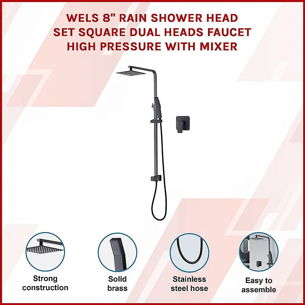 WELS 8’’ Rain Shower Head Set Square Dual Heads Faucet High Pressure With Mixer - Furniture > Bathroom > Shower