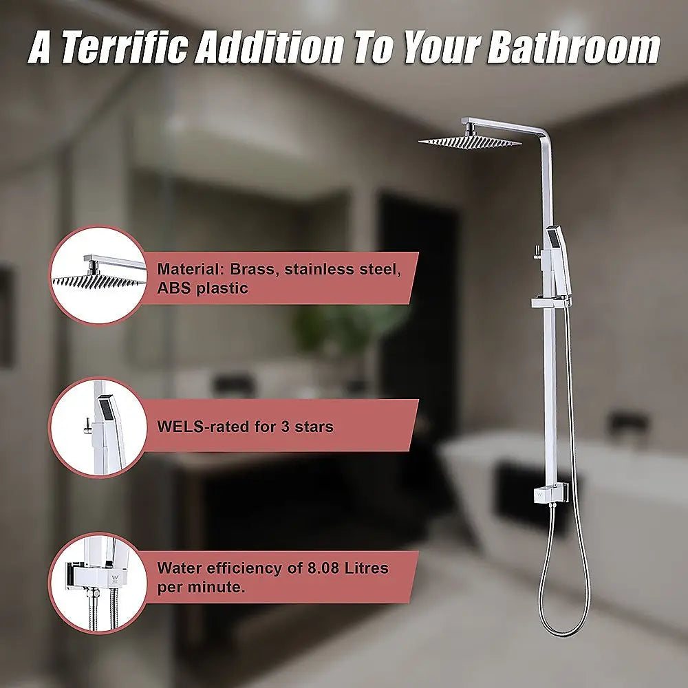 WELS 8’’ Rain Shower Head Set Square Dual Heads Faucet High Pressure Hand Held - Furniture > Bathroom
