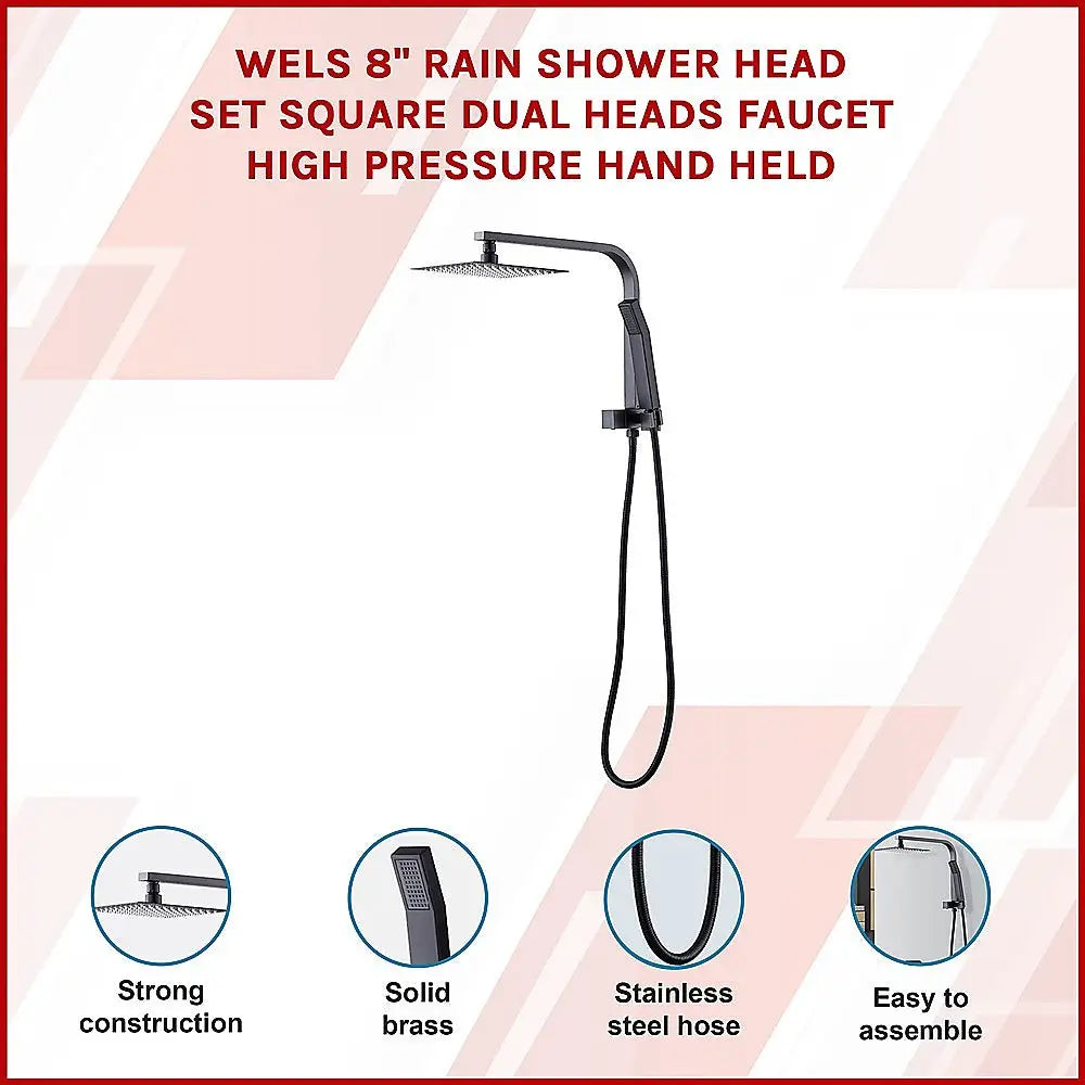 WELS 8’’ Rain Shower Head Set Square Dual Heads Faucet High Pressure Hand Held - Furniture > Bathroom > Shower Heads &