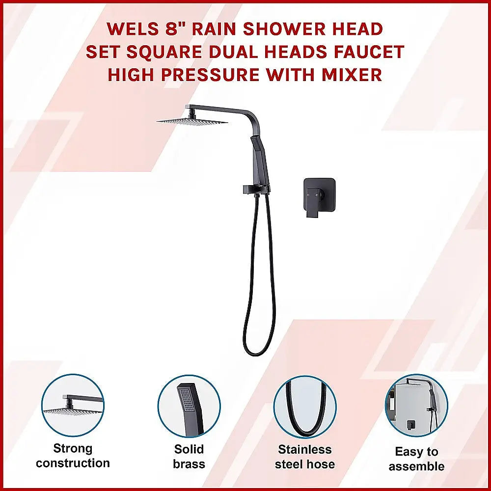 WELS 8’’ Rain Shower Head Set Square Dual Heads Faucet High Pressure With Mixer - Furniture > Bathroom > Shower Heads &
